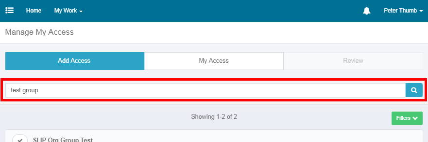 Searching for test group on the Manage My Access screen.
