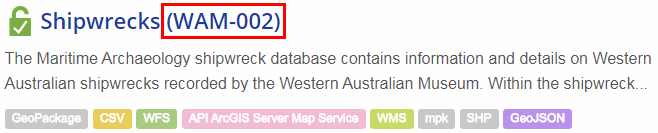 Shipwrecks dataset title, with (WAM-002) circled.