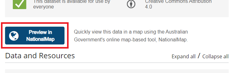 The Preview in NationalMap button on a dataset page.
