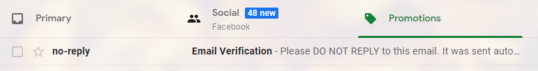 Screenshot of the verification email in Gmail's Promotions folder.
