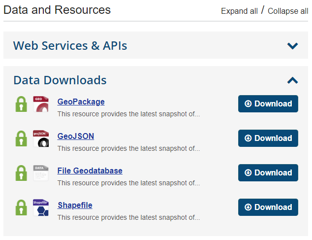 The Data Downloads section of a dataset page.